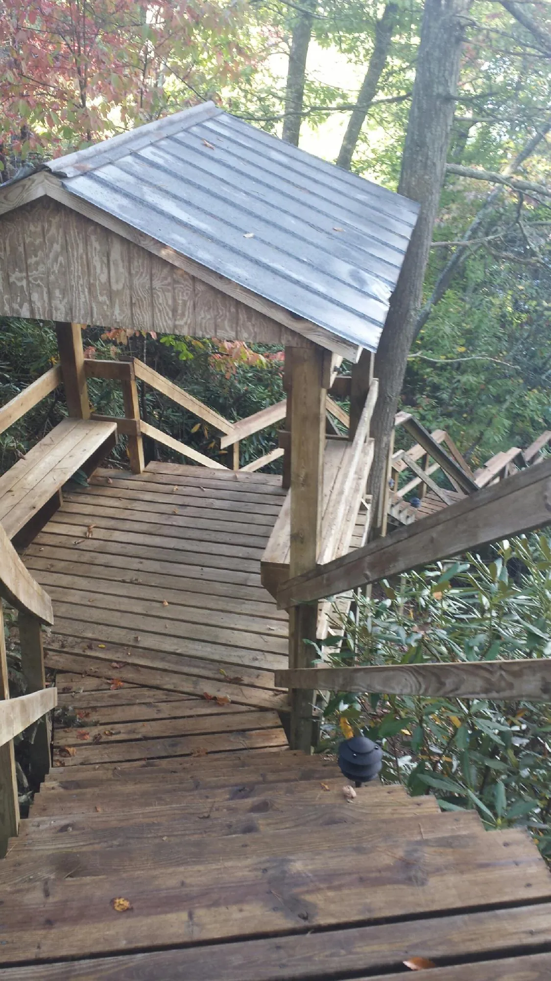 Metal roofed shelter over wooden steps on a wooded walkway — Skylight Repair & Installation work by our crew in Sterrett